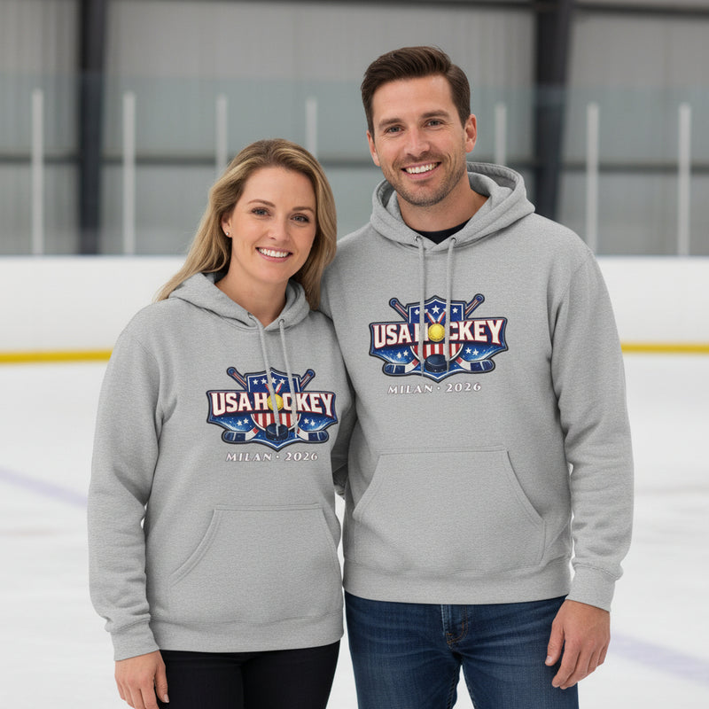 Gray hoodie with USA Hockey logo on a white background