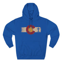 Christian Hoodie | Rooted in Faith | Colorado Flag | Distressed Three-Panel State Logo | Wonder & Wander | Signature Line | Veteran-Owned | Liberty & Victory Co.