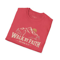 Christian | Walk by Faith — T-Shirt 2 Corinthians 5:7 Mountain Hiker Graphic | Veteran-Owned Small Business | Liberty & Victory Co.