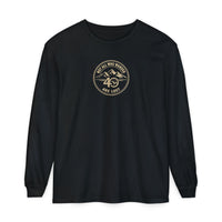 Coastal Faith | Not All Who Wander Are Lost — Garment-Dyed Long Sleeve Tee | Compass + Mountain Badge | Veteran-Owned Small Business | Liberty & Victory Co.