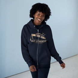 Coastal Faith Zip Hoodie | Salt & Salvation "Not Luck" Boat Graphic Full-Zip | Veteran-Owned | Liberty & Victory Co.