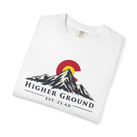 Mountain Faith | Higher Ground — T-Shirt | Colorado Flag Sunset Graphic | Veteran-Owned Small Business | Liberty & Victory Co.