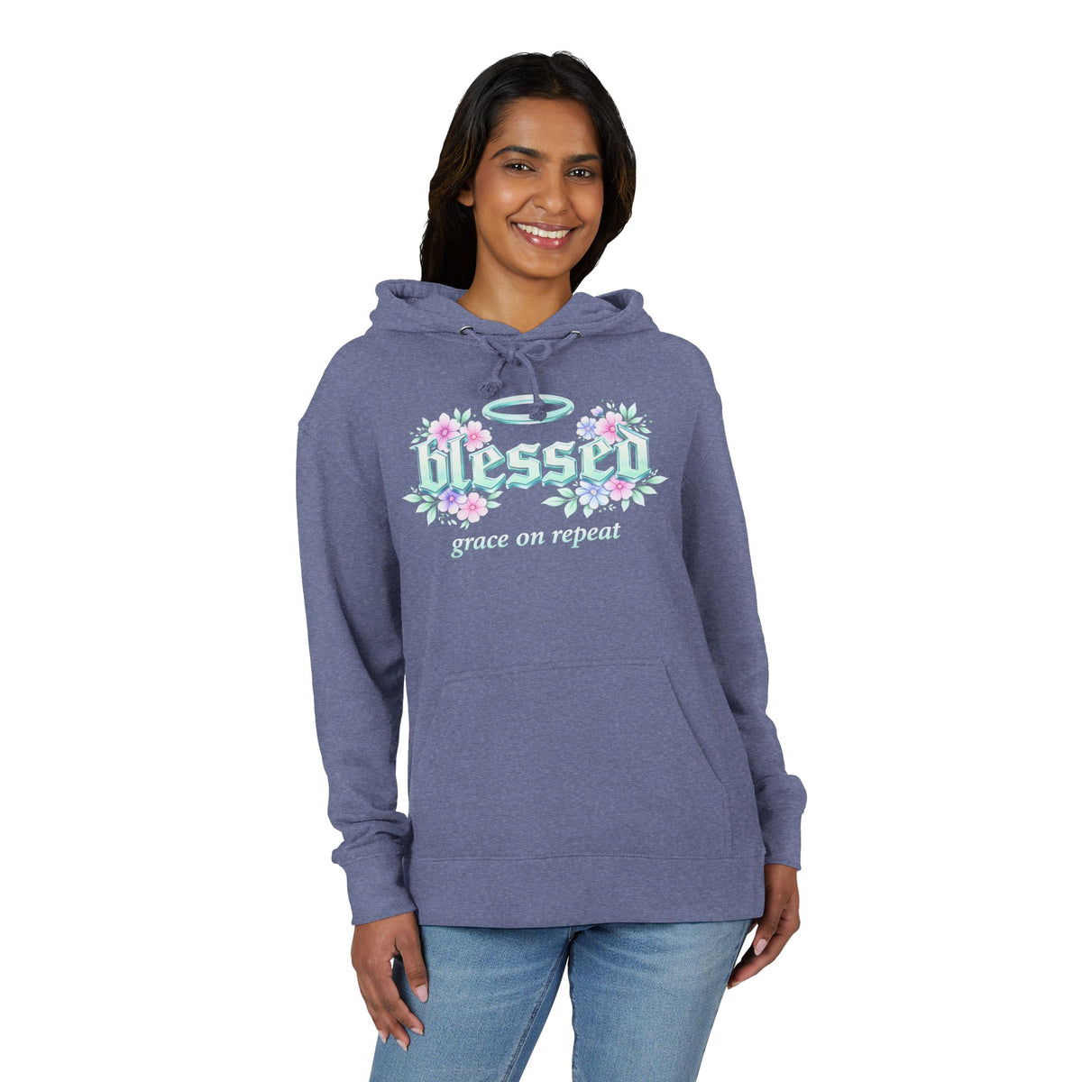 Blessed Hoodie — "Blessed: Grace on Repeat" Floral Christian Pullover