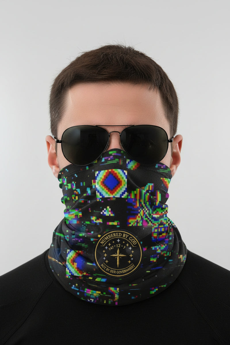 Adversarial Design Neck Gaiter | Glitch Pixel Skull Face Shield | Privacy Apparel | Liberty & Victory