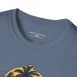 Coastal Faith | Salt & Salvation — T-Shirt Tropical Palm Island Sunset Graphic | Veteran-Owned Small Business | Liberty & Victory Co.