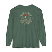 Coastal Faith | Not All Who Wander Are Lost — Garment-Dyed Long Sleeve Tee | Compass + Mountain Badge | Veteran-Owned Small Business | Liberty & Victory Co.