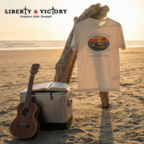 Christian Coastal T-Shirt | Boats Beaches Ballads & Bibles Faith Tee | Liberty & Victory