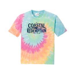 Coastal Faith Kids T-Shirt | Coastal Redemption Est. 33 AD | Youth Tie-Dye Wave Graphic | Signature Line | Liberty & Victory Co.
