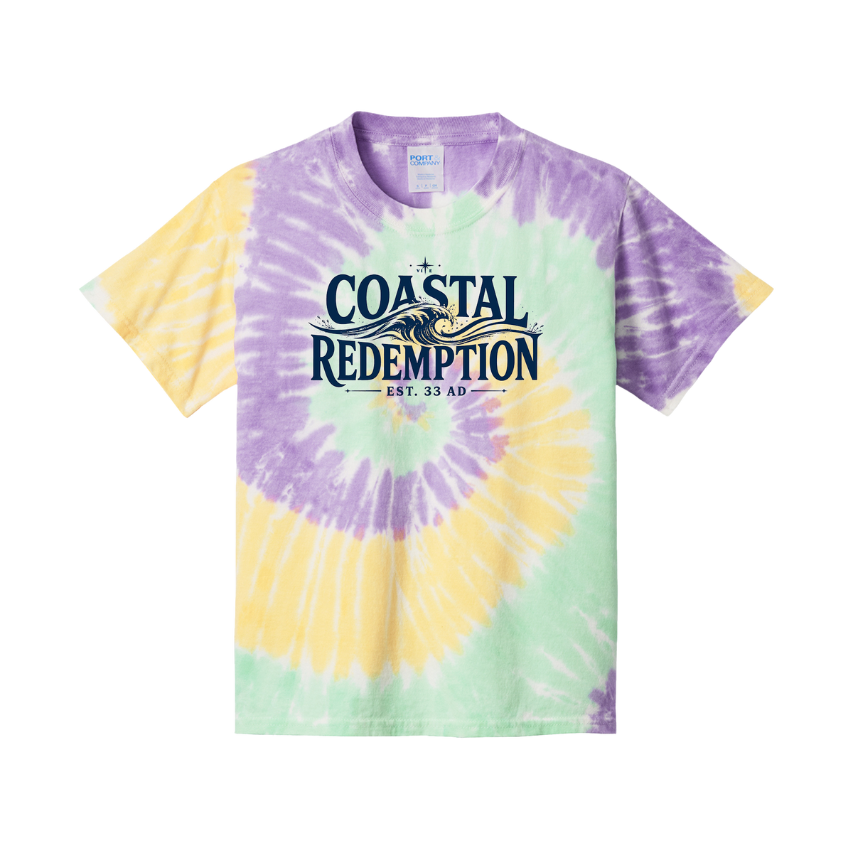 Coastal Faith Kids T-Shirt | Coastal Redemption Est. 33 AD | Youth Tie-Dye Wave Graphic | Signature Line | Liberty & Victory Co.
