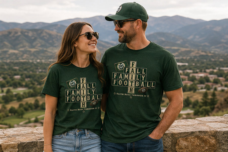 Mountain Faith | Fall Family Football — T-Shirt Faith Runs Through It-CSU Rams Edition | Game Day Faith Tee | Veteran-Owned Small Business | Liberty & Victory Co.