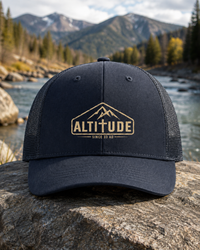 Mountain Faith | Altitude Since 33 AD — Low Profile Trucker Cap Mountain Cross Badge | Veteran-Owned Small Business | Liberty & Victory Co.