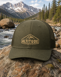 Mountain Faith | Altitude Since 33 AD — Low Profile Trucker Cap Mountain Cross Badge | Veteran-Owned Small Business | Liberty & Victory Co.