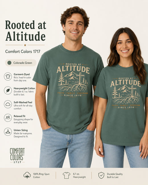 Christian T-Shirt | Rooted at Altitude Faith • Family • Freedom | Cross + Mountain Roots | Wonder & Wander | Signature Line | Veteran-Owned | Liberty & Victory Co.