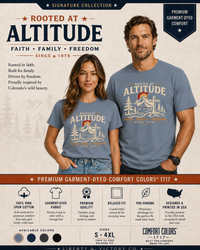 Christian T-Shirt | Rooted in Altitude & Faith | Mountain + Rising Sun | Garment-Dyed | Wonder & Wander | Signature Line | Veteran-Owned | Liberty & Victory Co.