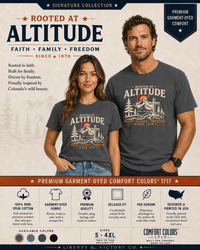 Christian T-Shirt | Rooted in Altitude & Faith | Mountain + Rising Sun | Garment-Dyed | Wonder & Wander | Signature Line | Veteran-Owned | Liberty & Victory Co.