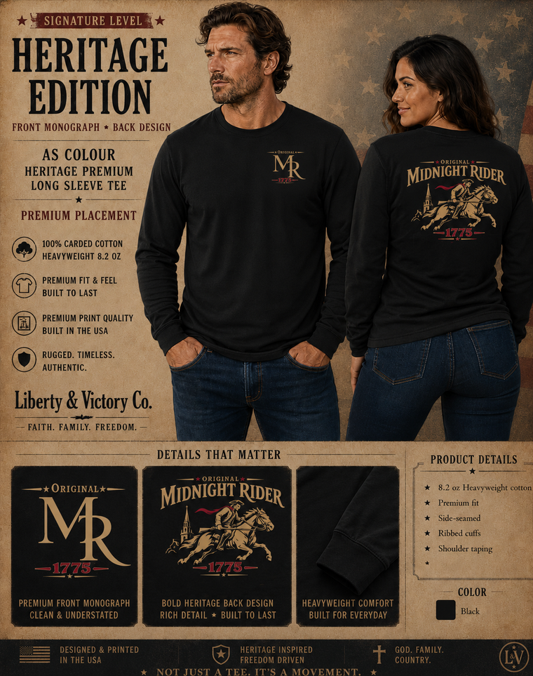 Patriotic Heritage LS T-Shirt | Midnight Rider Original MR Monogram & Heritage Back | Signature Line | Veteran-Owned | Liberty & Victory Co.