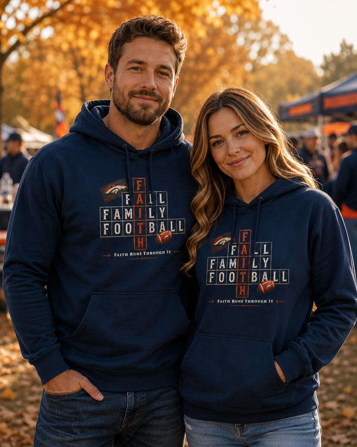 Faith & Sport | Fall Family Football — Premium Hoodie Faith Runs Through It-Denver Edition | Game Day Faith Hoodie | Veteran-Owned Small Business | Liberty & Victory Co.