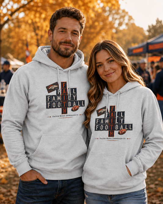 Faith & Sport | Fall Family Football — Premium Hoodie Faith Runs Through It-Denver Edition | Game Day Faith Hoodie | Veteran-Owned Small Business | Liberty & Victory Co.