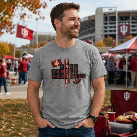 Christian | Fall Family Football — T-Shirt Faith Runs Through It-Indiana Hoosiers Edition | Game Day Faith Tee | Veteran-Owned Small Business | Liberty & Victory Co.