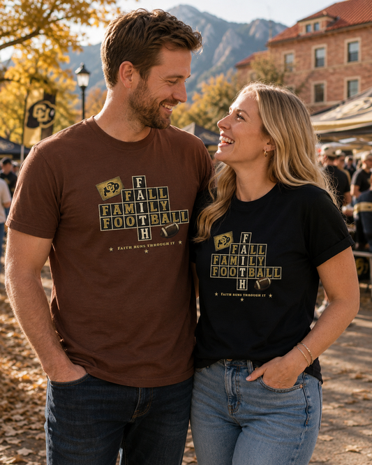 Mountain Faith | Fall Family Football — T-Shirt Faith Runs Through It-CU Buffaloes Edition | Game Day Faith Tee | Veteran-Owned Small Business | Liberty & Victory Co.