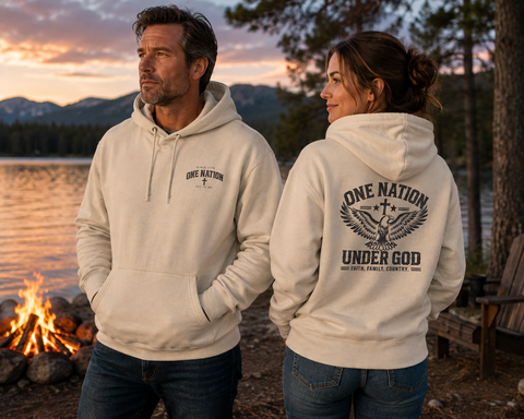 Christian | One Nation Under God — Patriotic Eagle Hoodie Front + Back | Veteran-Owned Small Business | Liberty & Victory Co.
