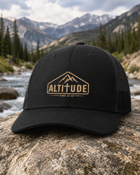 Mountain Faith | Altitude Since 33 AD — Low Profile Trucker Cap Mountain Cross Badge | Veteran-Owned Small Business | Liberty & Victory Co.
