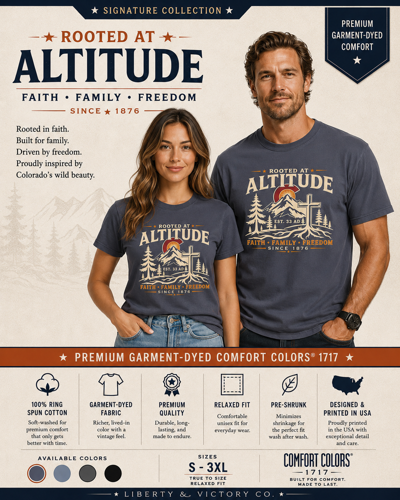 Christian T-Shirt | Rooted in Altitude & Faith | Mountain + Rising Sun | Garment-Dyed | Wonder & Wander | Signature Line | Veteran-Owned | Liberty & Victory Co.