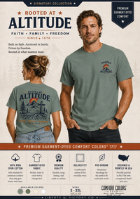 Christian T-Shirt | Rooted at Altitude | Front + Back | Cross + Mountain Roots | Faith • Family • Freedom | Wonder & Wander | Signature Line | Veteran-Owned | Liberty & Victory Co.