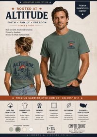 Christian T-Shirt | Rooted at Altitude | Front + Back | Cross + Mountain Roots | Faith • Family • Freedom | Wonder & Wander | Signature Line | Veteran-Owned | Liberty & Victory Co.