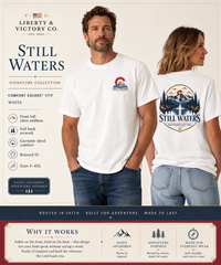 Christian T-Shirt | Still Waters | He Restores My Soul | Psalm 23 | Mountain Lake + Cross | Wonder & Wander | Signature Line | Veteran-Owned | Liberty & Victory Co.
