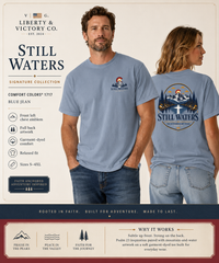 Christian T-Shirt | Still Waters | He Restores My Soul | Psalm 23 | Mountain Lake + Cross | Wonder & Wander | Signature Line | Veteran-Owned | Liberty & Victory Co.