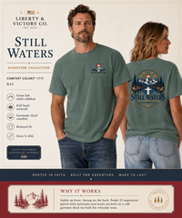 Christian T-Shirt | Still Waters | He Restores My Soul | Psalm 23 | Mountain Lake + Cross | Wonder & Wander | Signature Line | Veteran-Owned | Liberty & Victory Co.