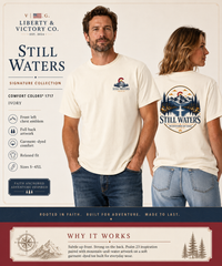 Christian T-Shirt | Still Waters | He Restores My Soul | Psalm 23 | Mountain Lake + Cross | Wonder & Wander | Signature Line | Veteran-Owned | Liberty & Victory Co.