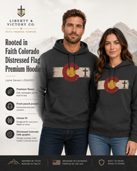 Christian Hoodie | Rooted in Faith | Colorado Flag | Distressed Three-Panel State Logo | Wonder & Wander | Signature Line | Veteran-Owned | Liberty & Victory Co.