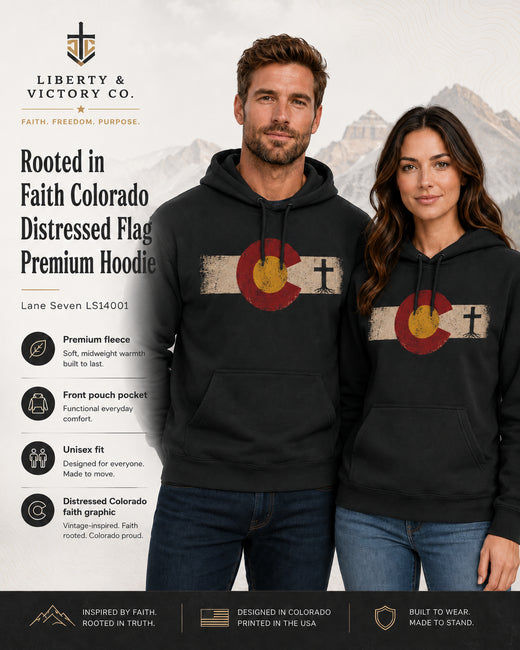 Christian Hoodie | Rooted in Faith | Colorado Flag | Distressed Three-Panel State Logo | Wonder & Wander | Signature Line | Veteran-Owned | Liberty & Victory Co.