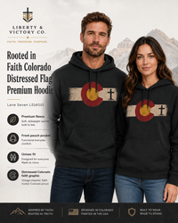 Christian Hoodie | Rooted in Faith | Colorado Flag | Distressed Three-Panel State Logo | Wonder & Wander | Signature Line | Veteran-Owned | Liberty & Victory Co.