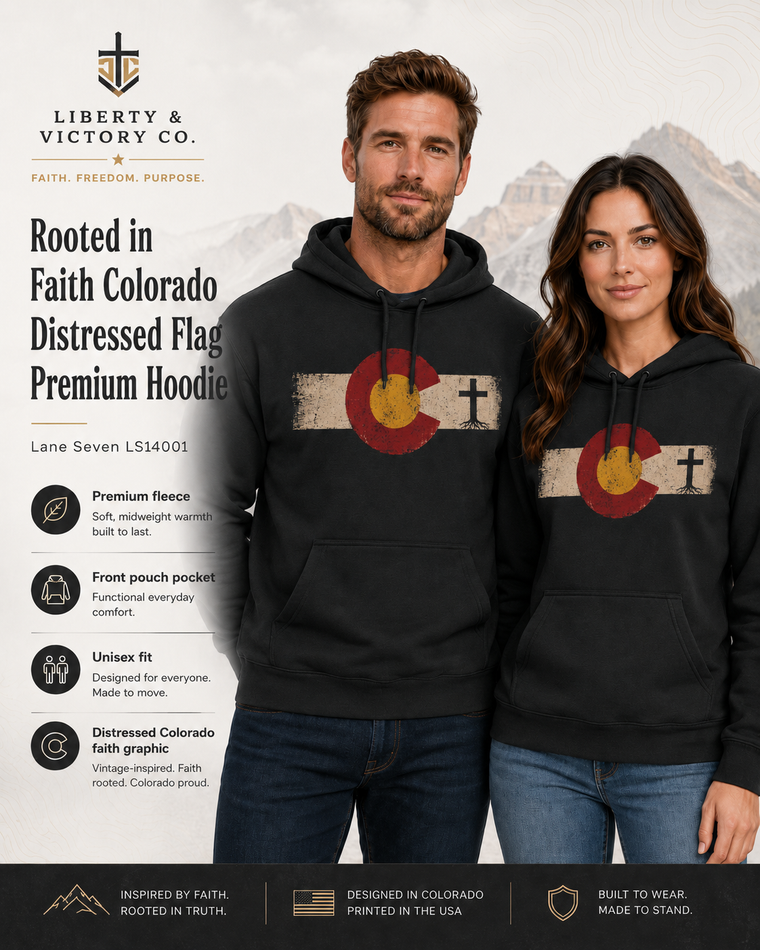Christian Hoodie | Rooted in Faith | Colorado Flag | Distressed Three-Panel State Logo | Wonder & Wander | Signature Line | Veteran-Owned | Liberty & Victory Co.