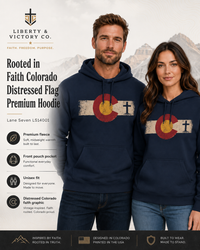 Christian Hoodie | Rooted in Faith | Colorado Flag | Distressed Three-Panel State Logo | Wonder & Wander | Signature Line | Veteran-Owned | Liberty & Victory Co.