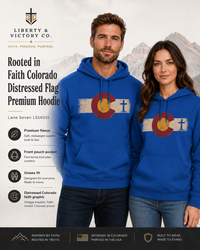 Christian Hoodie | Rooted in Faith | Colorado Flag | Distressed Three-Panel State Logo | Wonder & Wander | Signature Line | Veteran-Owned | Liberty & Victory Co.