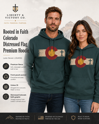Christian Hoodie | Rooted in Faith | Colorado Flag | Distressed Three-Panel State Logo | Wonder & Wander | Signature Line | Veteran-Owned | Liberty & Victory Co.