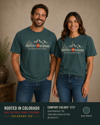 Mountain Faith | Rooted in Colorado — T-Shirt Colorado 150 × Faith. Family. Freedom. | Veteran-Owned Small Business | Liberty & Victory Co.