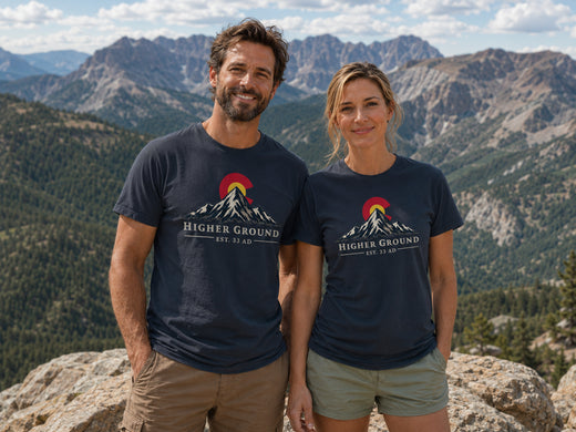 Mountain Faith | Higher Ground — T-Shirt | Colorado Flag Sunset Graphic | Veteran-Owned Small Business | Liberty & Victory Co.