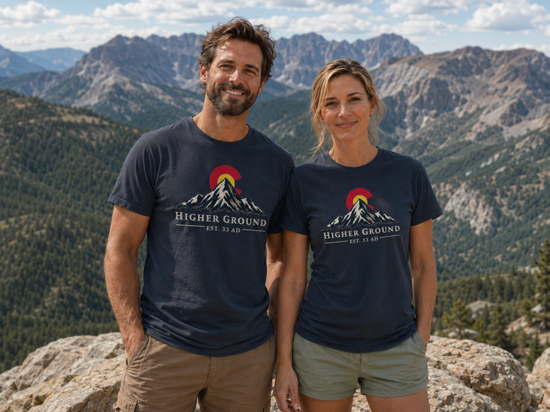 Mountain Faith | Higher Ground — T-Shirt | Colorado Flag Sunset Graphic | Veteran-Owned Small Business | Liberty & Victory Co.