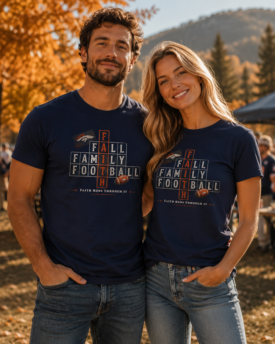 Faith & Sport | Fall Family Football — T-Shirt Faith Runs Through It-Denver Edition | Game Day Faith Tee | Veteran-Owned Small Business | Liberty & Victory Co.