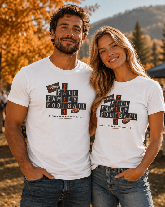 Faith & Sport | Fall Family Football — T-Shirt Faith Runs Through It-Denver Edition | Game Day Faith Tee | Veteran-Owned Small Business | Liberty & Victory Co.
