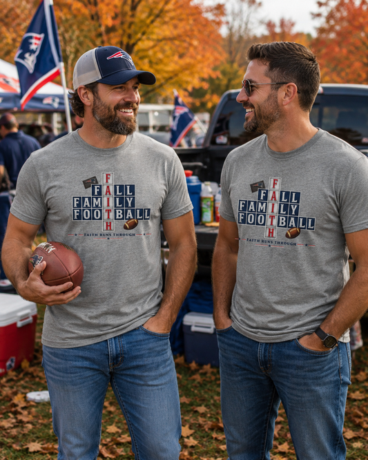 Faith & Sport | Fall Family Football — T-Shirt Faith Runs Through It-New England Edition | Game Day Faith Tee | Veteran-Owned Small Business | Liberty & Victory Co.