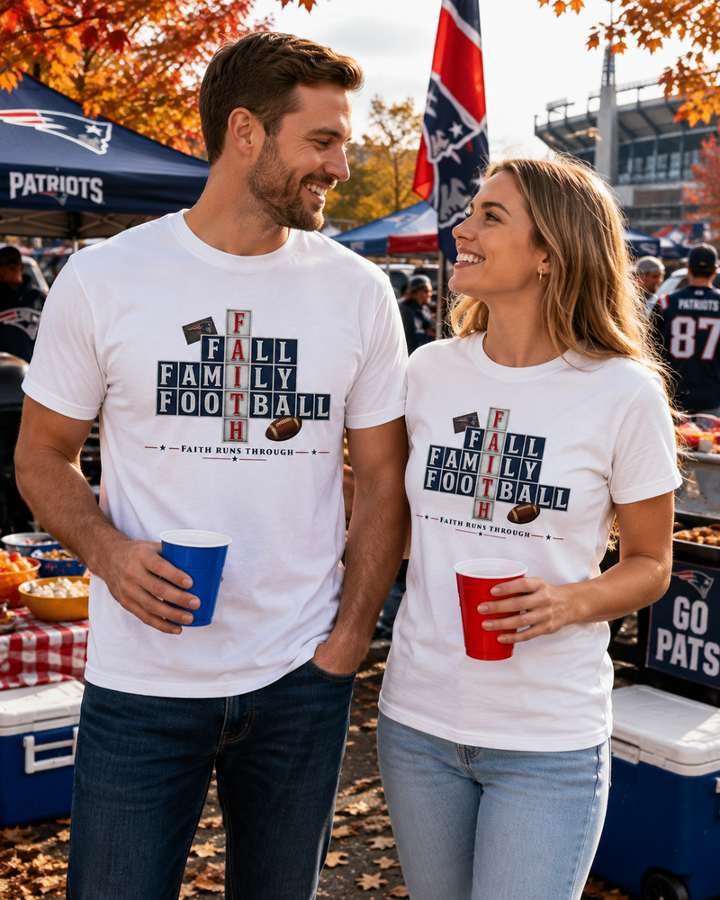 Faith & Sport | Fall Family Football — T-Shirt Faith Runs Through It-New England Edition | Game Day Faith Tee | Veteran-Owned Small Business | Liberty & Victory Co.