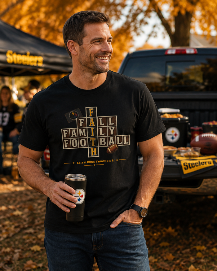 Faith & Sport | Fall Family Football — T-Shirt Faith Runs Through It-Pittsburgh Edition | Game Day Faith Tee | Veteran-Owned Small Business | Liberty & Victory Co.