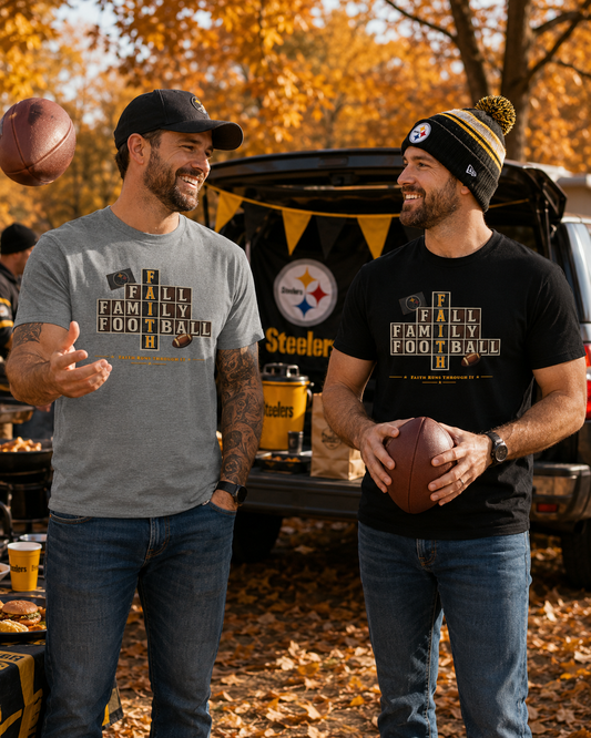Faith & Sport | Fall Family Football — T-Shirt Faith Runs Through It-Pittsburgh Edition | Game Day Faith Tee | Veteran-Owned Small Business | Liberty & Victory Co.
