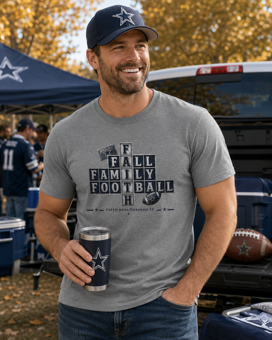 Faith & Sport | Fall Family Football — T-Shirt Faith Runs Through It-Dallas Edition | Game Day Faith Tee | Veteran-Owned Small Business | Liberty & Victory Co.